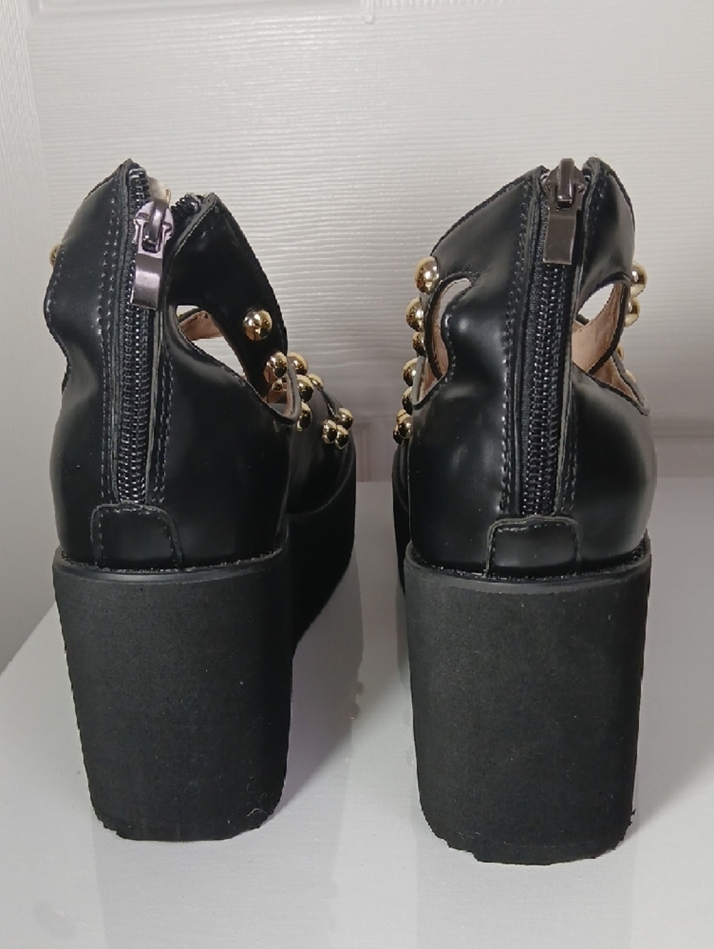 Black Studded Steampunk Goth Chunky Platform Open Toe Ankle Strap Sandals - Picture 6 of 16